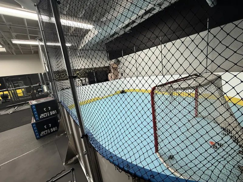 Behind the net on the synthetic ice at The Hockey Lab